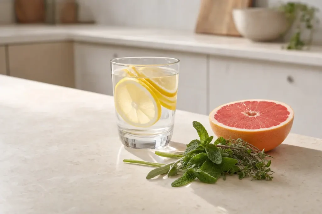 Verre d'eau citronnée et herbes fraîches sur un plan de travail clair