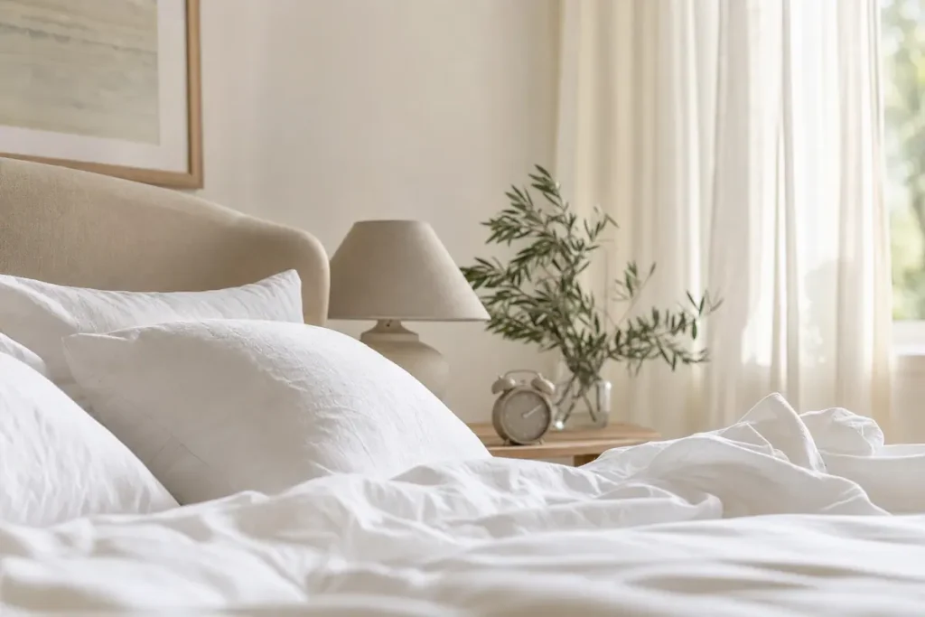 Lit aux draps blancs et réveil sur une table de nuit dans la lumière du matin