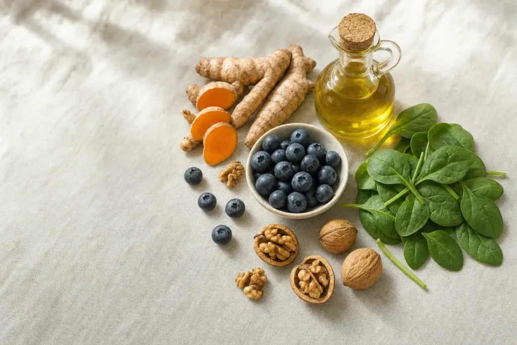 Curcuma frais, myrtilles, noix, épinards et huile d'olive sur un linge clair