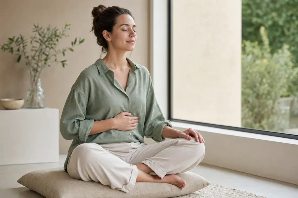 Femme assise en tailleur, une main posée sur le ventre, les yeux fermés