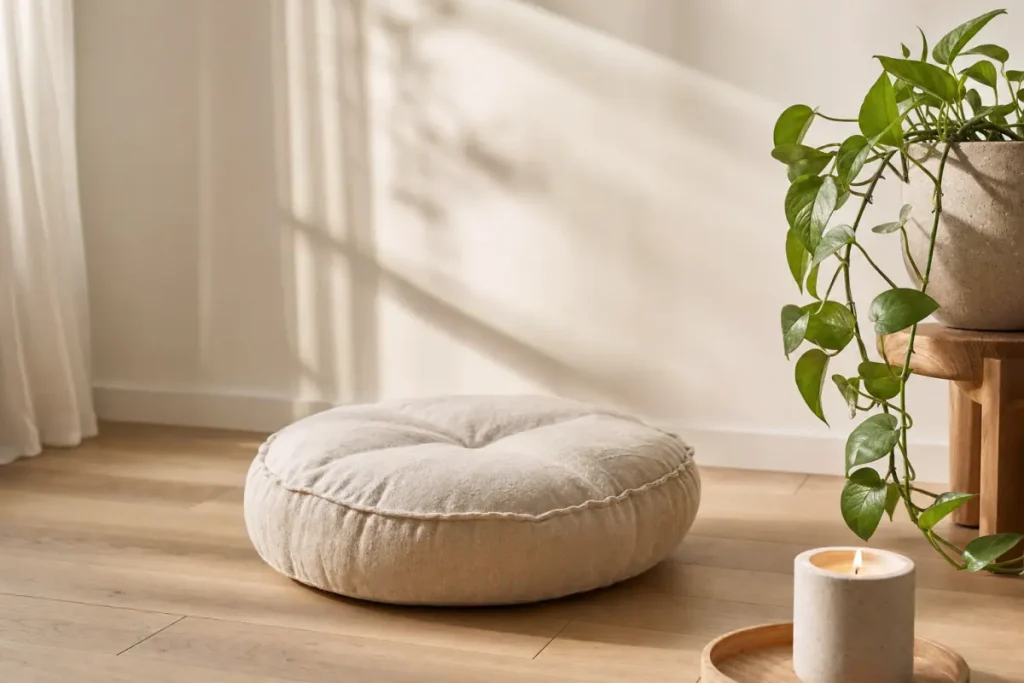 Coussin de sol en lin, plante verte et bougie dans la lumière du matin