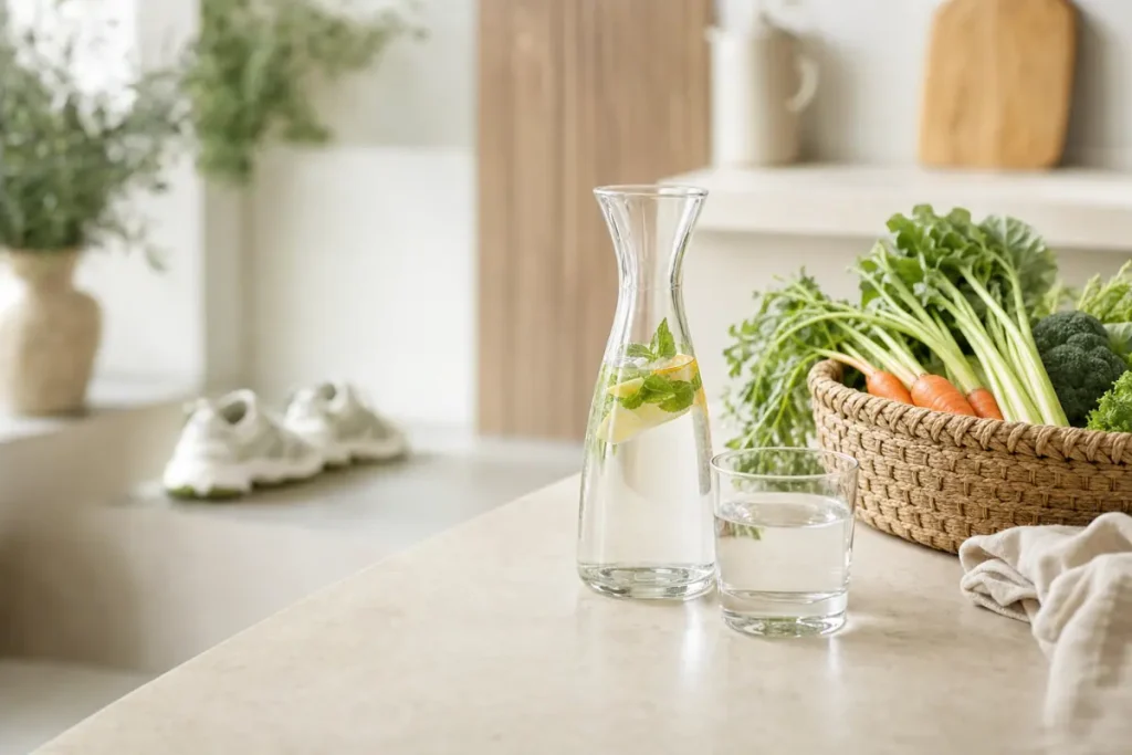 Carafe d'eau et panier de légumes frais sur un plan de travail lumineux