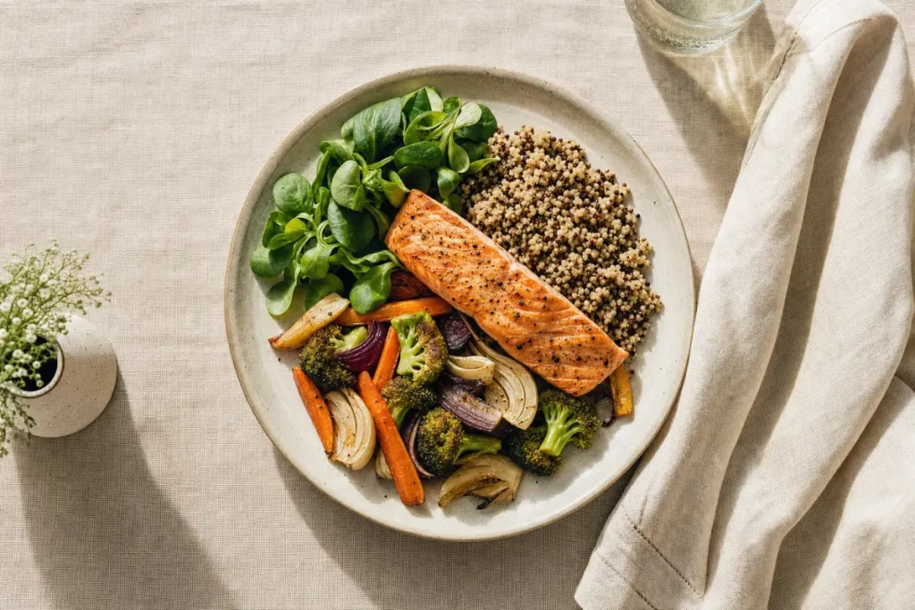 Assiette de saumon grillé, quinoa et légumes rôtis vue de dessus