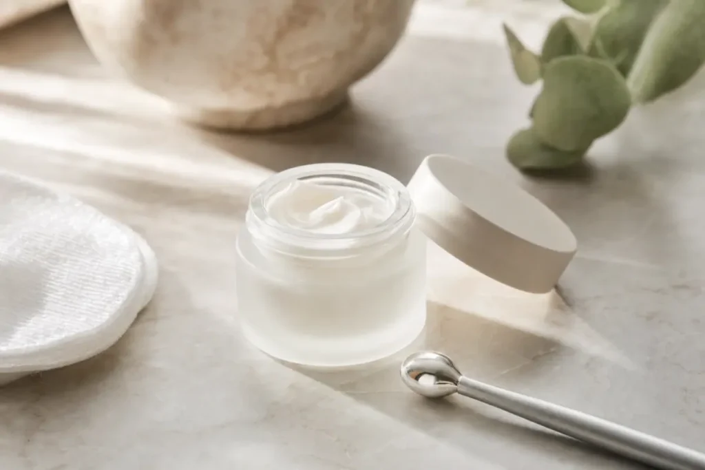 Pot de crème contour des yeux, cotons et applicateur sur du marbre clair
