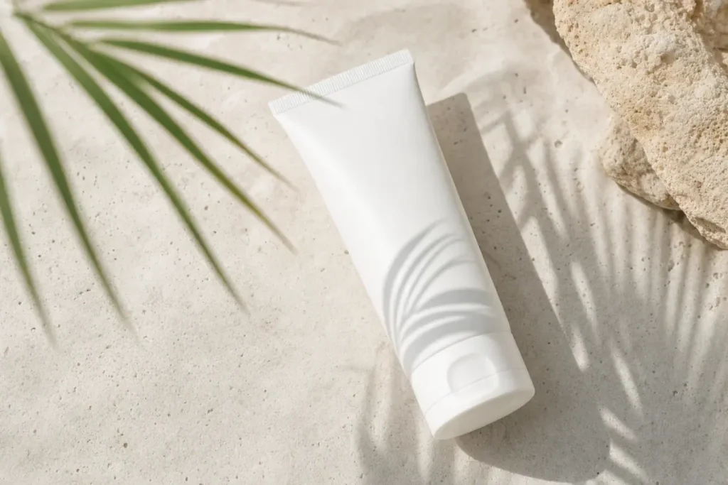 Tube de crème solaire posé sur une pierre claire avec des ombres de feuillage