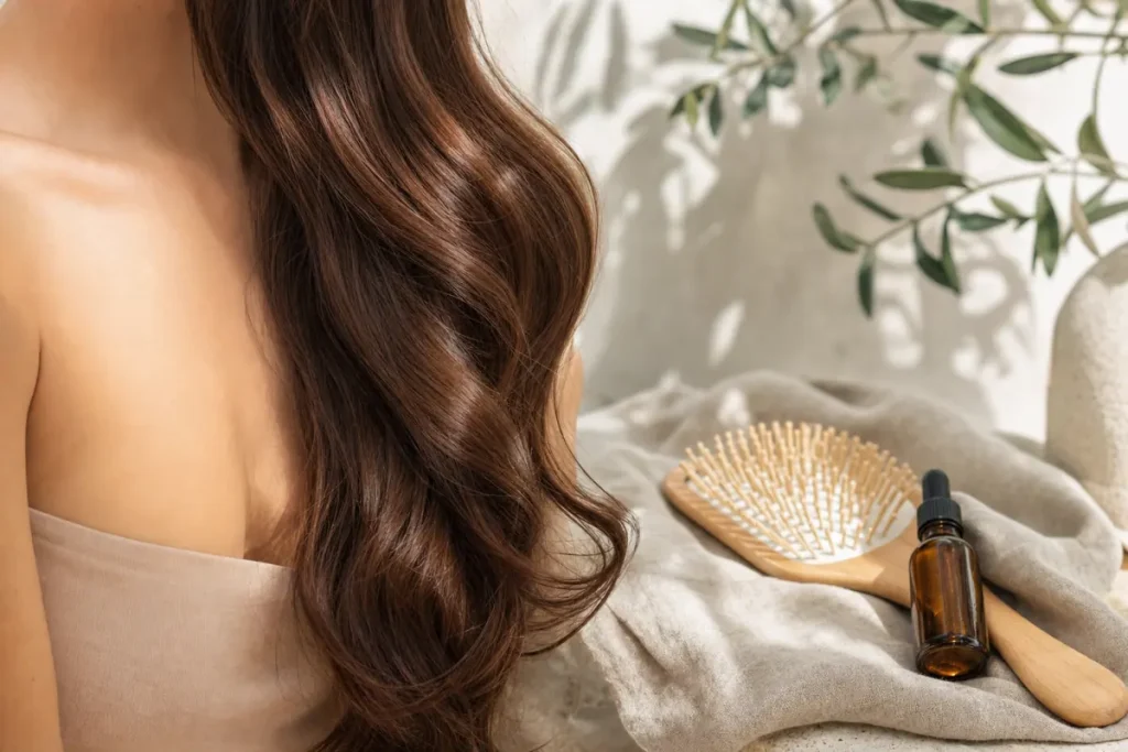 Chevelure brune brillante, brosse en bois et flacon d'huile capillaire