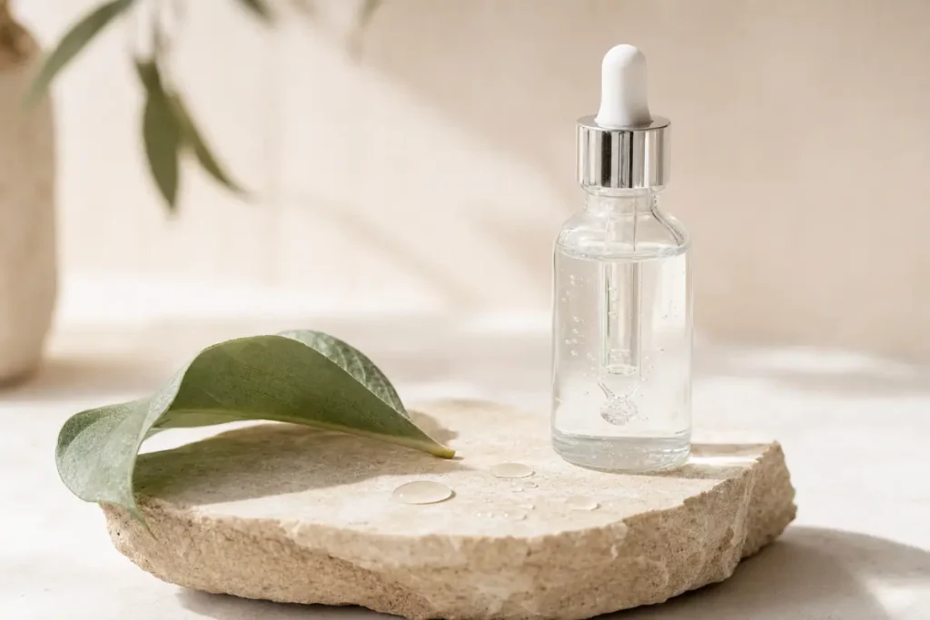 Flacon de sérum en verre avec pipette et gouttes sur une pierre claire